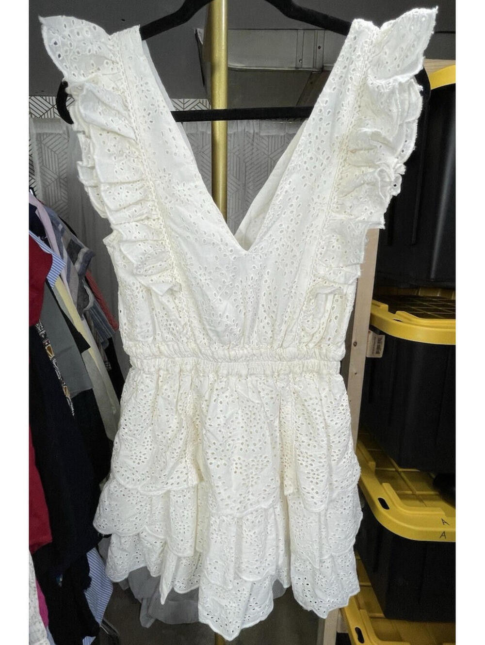 Love the Label Ivory Eyelet Ruffle Mini Dress V-Neck Sleeveless 100% Cotton Sz S